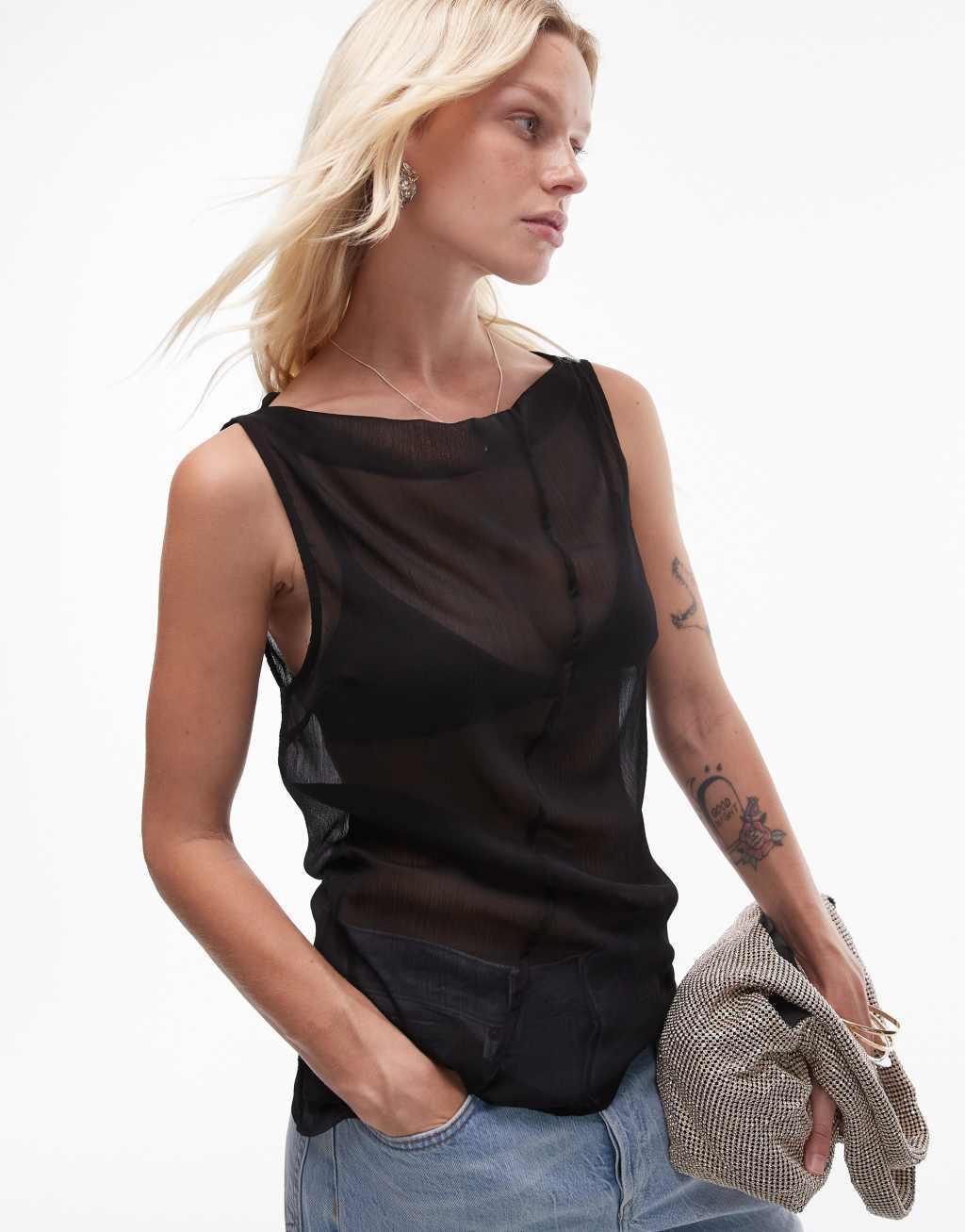 Topshop sheer sleeveless top in black Product Image