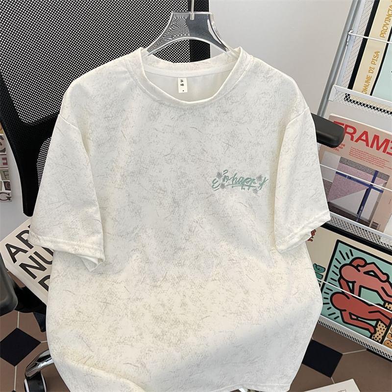 Short-Sleeve Round Neck Lettering Embroidered T-Shirt Product Image
