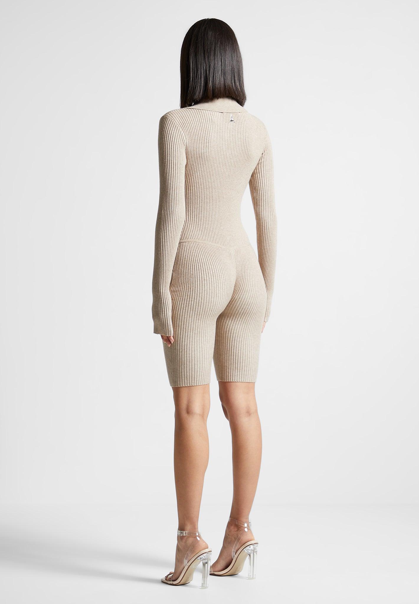 Ribbed Knit Long Sleeve Playsuit - Beige Female Product Image