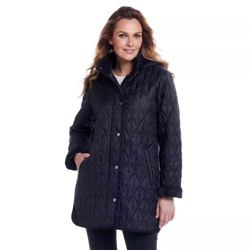 Women's Gallery Faux-Fur Hooded Quilt Long Jacket, Size: Medium, Black Product Image