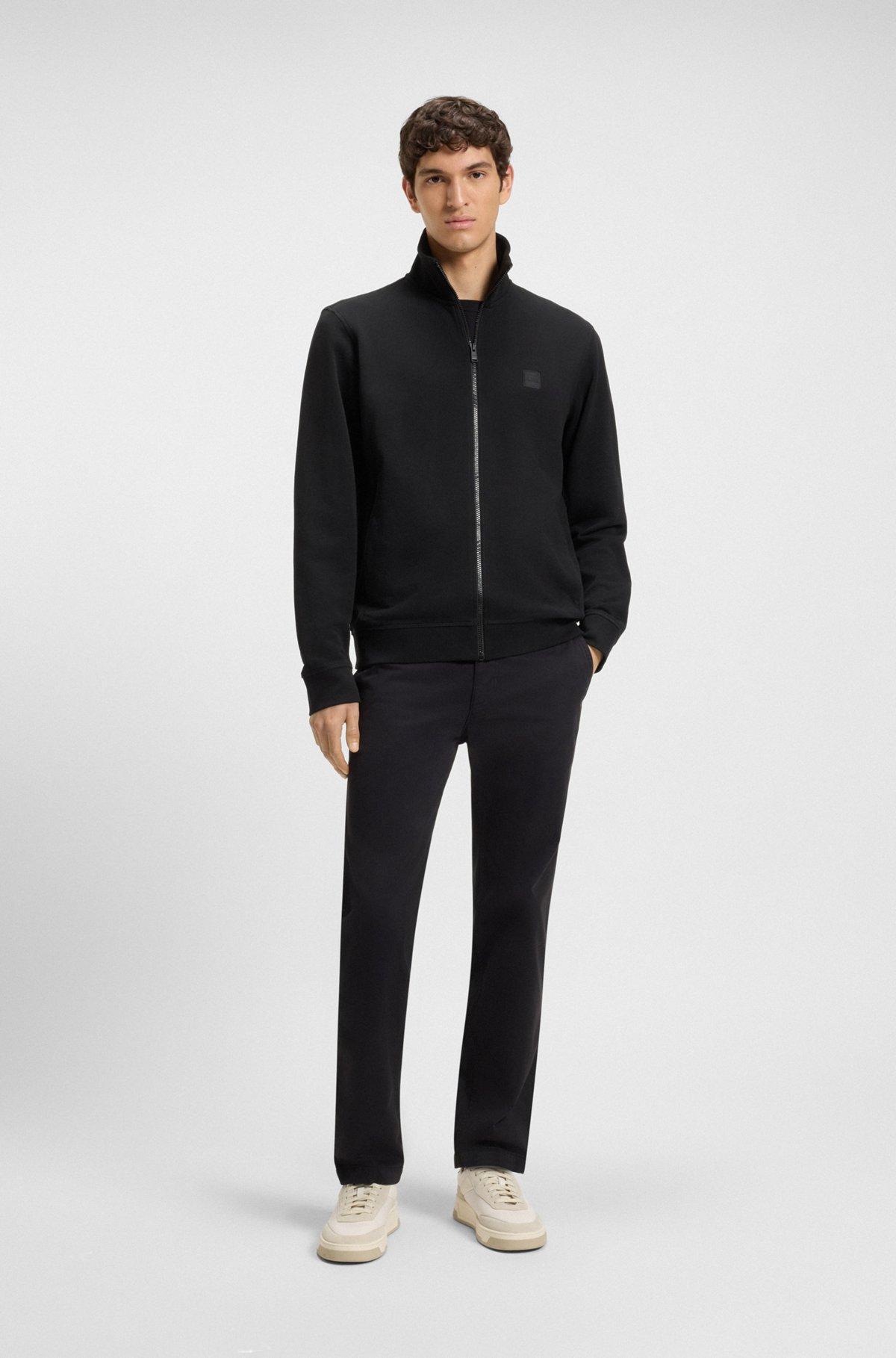 BOSS - Zip-up jacket in cotton terry with logo badge - Black Product Image