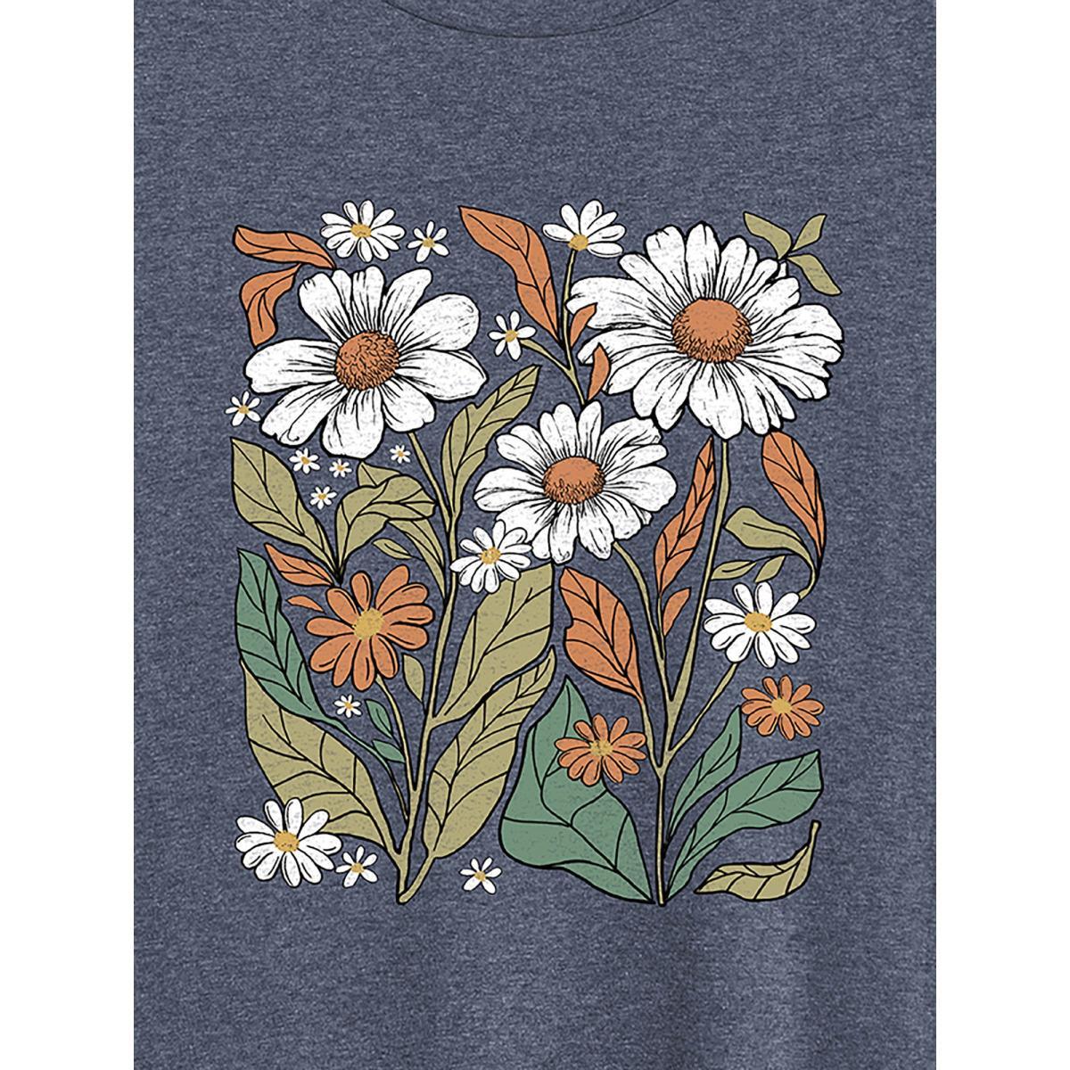 Plus Size Boho Floral Motif Round Neck T-Shirt Indigo Women Leisure Non Natural Flowers Round Neck Casual T-shirts BloomChic 28/5X Product Image