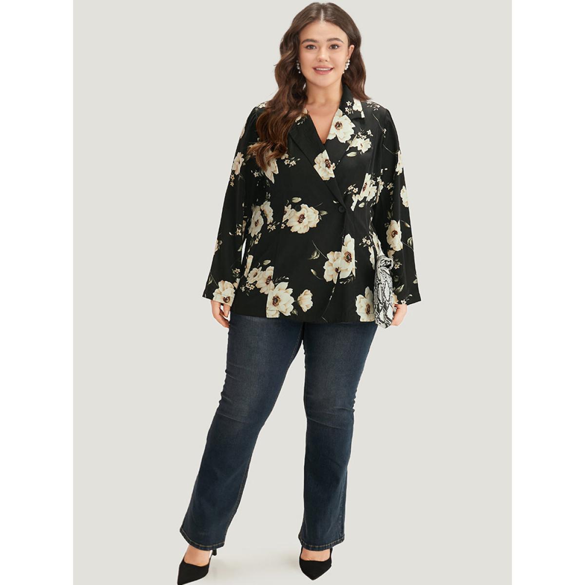 Plus Size Floral Print Suit Collar Pocket Blazer Black Women Work Floral Printed Sleeve Long Sleeve Lapel Collar 28/5X Pocket Office Blazers BloomChic Product Image