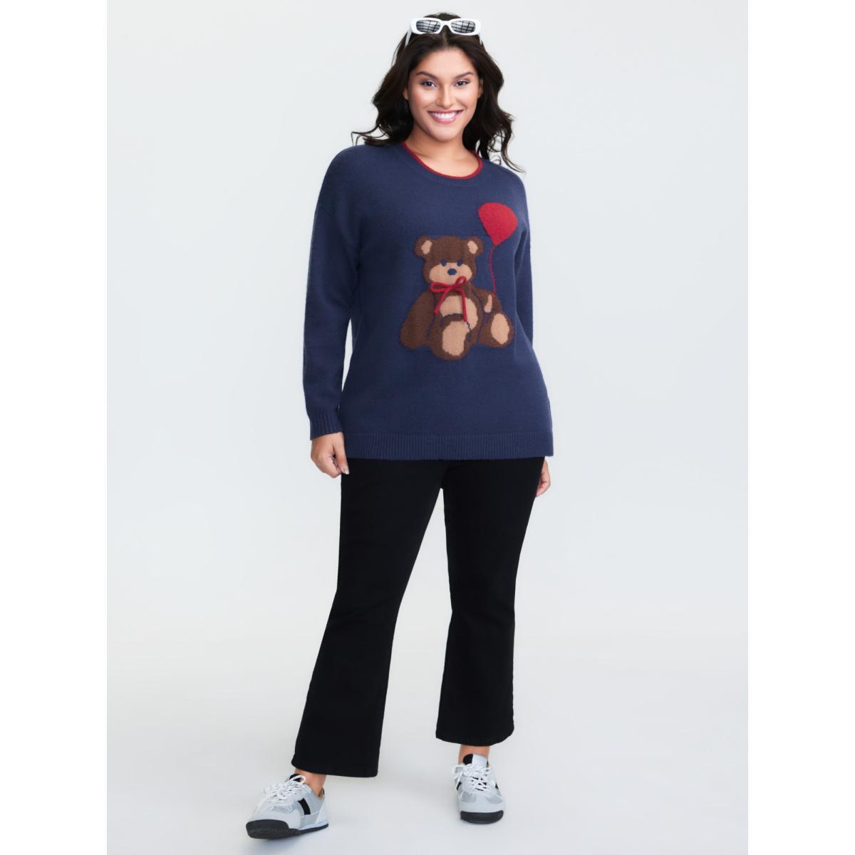 Plus Size Teddy Bear Balloon Print Pullover Navy Women Playful Loose Long Sleeve Round Neck Casual Pullovers BloomChic 30/6X Product Image