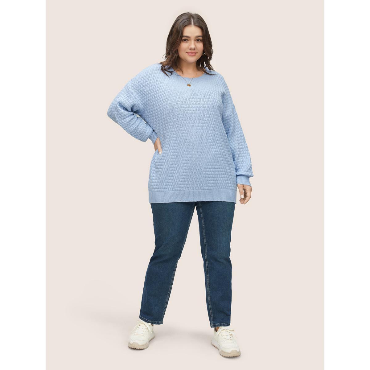 Plus Size Plain Texture Round Neck Elastic Cuffs Pullover LightBlue Women Basics Long Sleeve Round Neck Everyday Pullovers BloomChic 26/4X Product Image