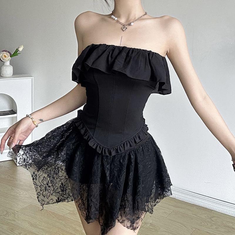 Plain Ruffled-Trim Corset Tube Top Product Image