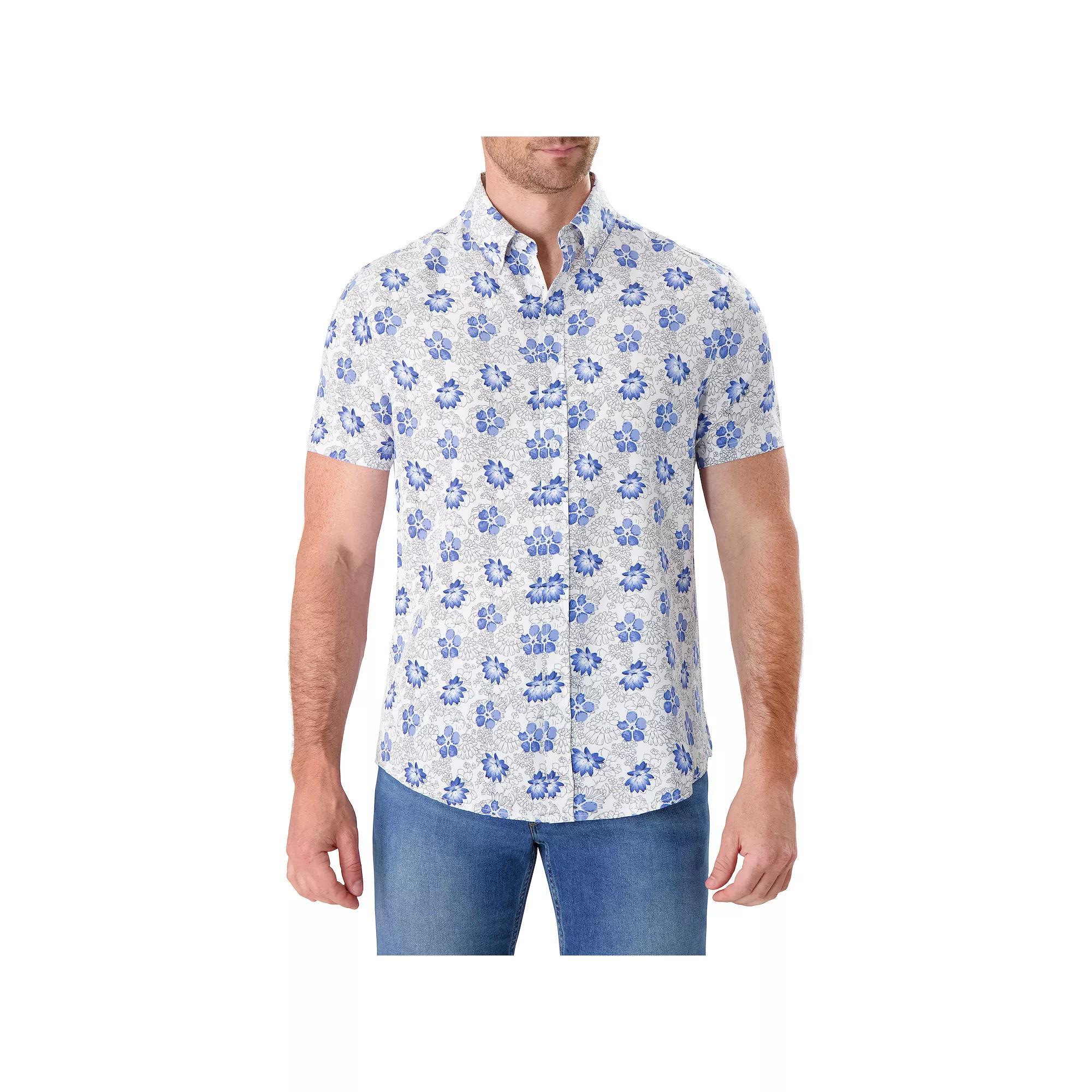 Men's Report Collection Short Sleeve Stretch Tropical Print Woven Button-Down Shirt, Size: XL, Light Blue Product Image