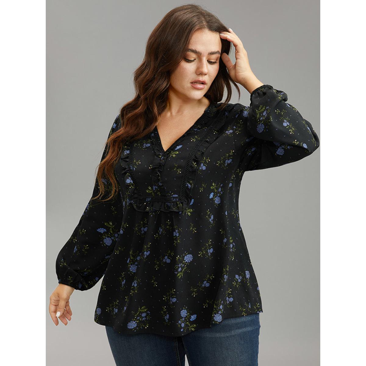Plus Size Black Ditsy Floral Lantern Sleeve Frill Trim Blouse Women Elegant Long Sleeve V-neck Dailywear Blouses BloomChic 26/4X Product Image