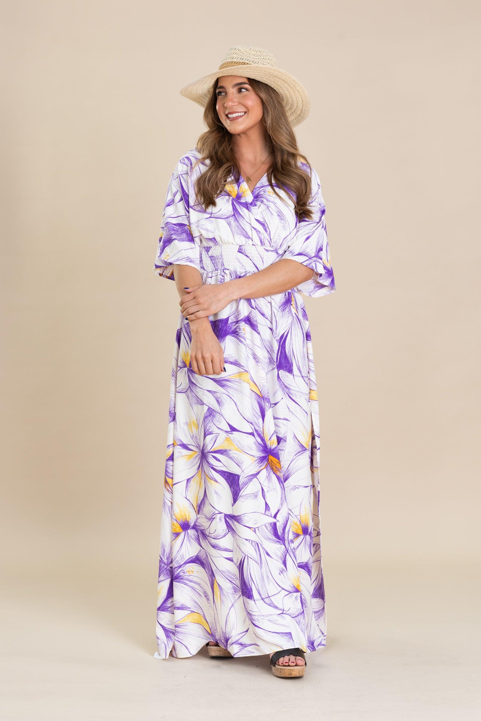 Purple And Off White Floral Print Maxi Dress Product Image