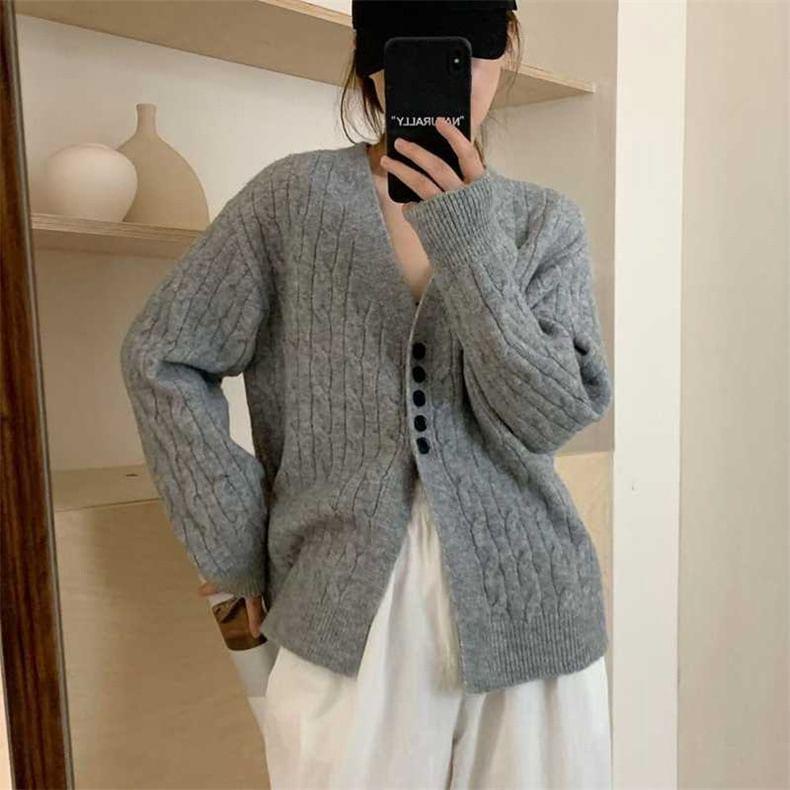 V-Neck Plain Cable Knit Button-Up Slit Cardigan Product Image