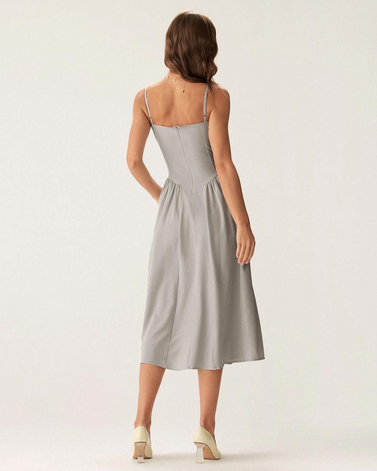 Grey Square Neck Pocket Slip Midi Dress Product Image