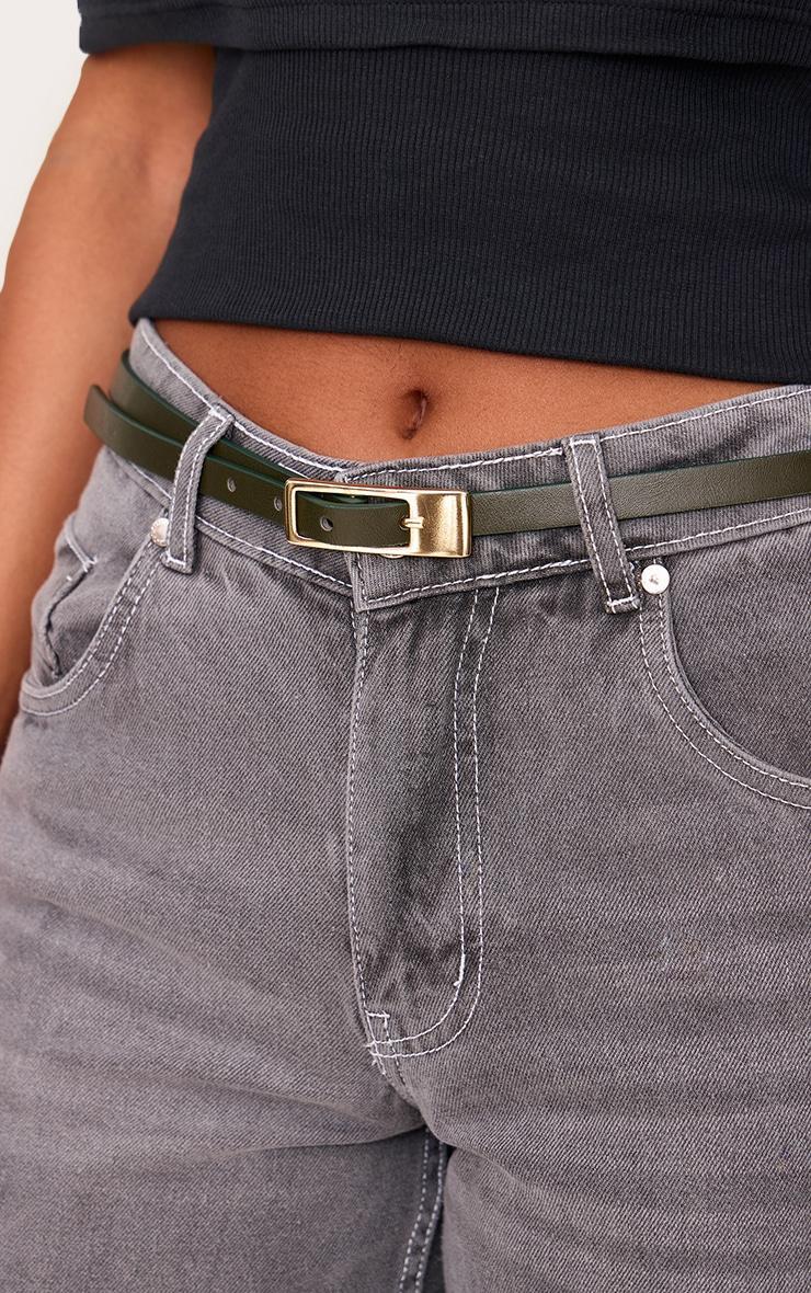 Olive Pu Square Buckle Skinny Belt Product Image