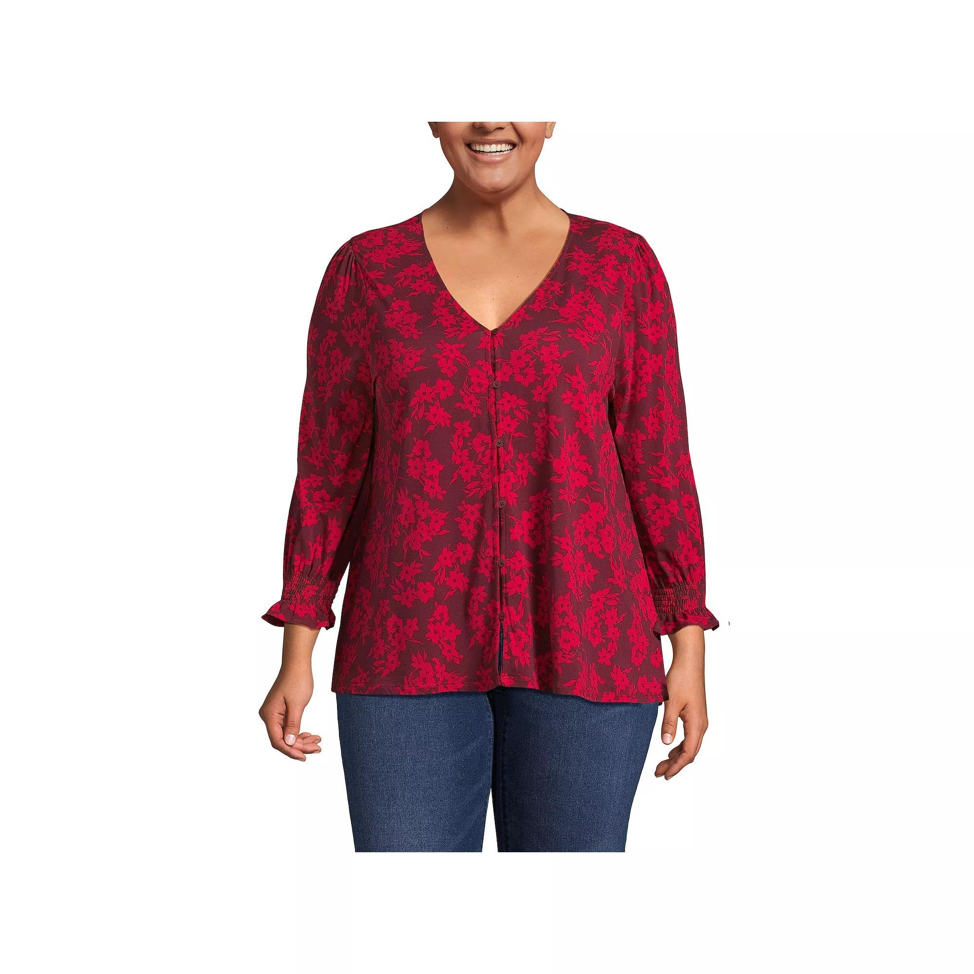 Plus Size Lands End 3/4 Sleeve Lightweight Jersey Button Front Top, Womens Product Image