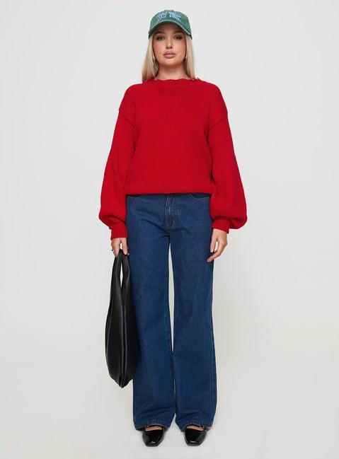 Harmony Balloon Sleeve Knit Sweater Red Product Image