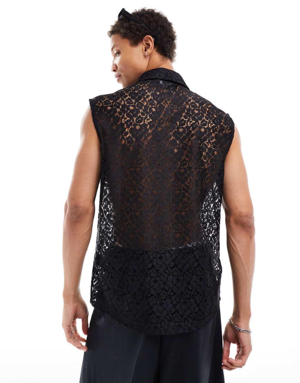 ASOS DESIGN sleeveless 70s collar lace shirt in black  Product Image