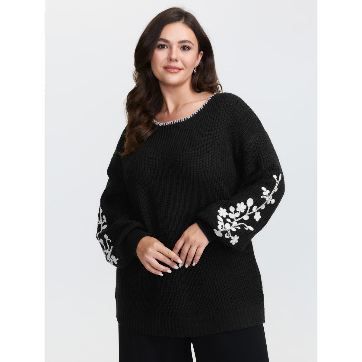 Plus Size Floral Embroidered Texture Pullover Black Women Timeless Loose Long Sleeve Round Neck Elegant Pullovers BloomChic 30/6X Product Image