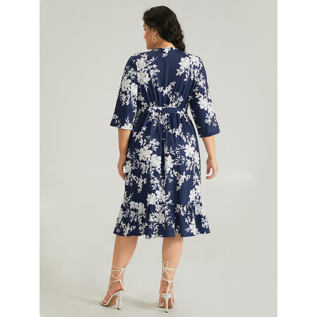 Plus Size Silhouette Floral Print Ties Wrap Dress Indigo Women Elegant Cross straps V-neck Elbow-length sleeve Curvy Midi Dress BloomChic 26/4X Product Image