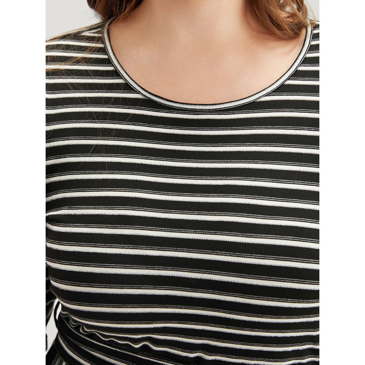 Plus Size Striped Round Neck Belted Dress Black Women Casual Belted Round Neck Long Sleeve Curvy Midi Dress BloomChic 26/4X Product Image