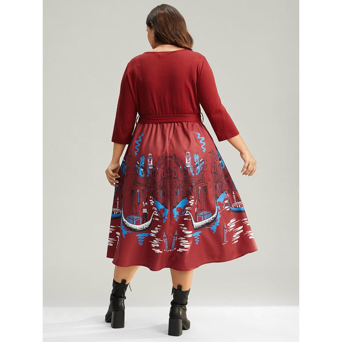 Plus Size Boho Print Patchwork Belted Gathered Dress Scarlet Women Office Printed Round Neck Elbow-length sleeve Curvy Midi Dress BloomChic 12/L Product Image