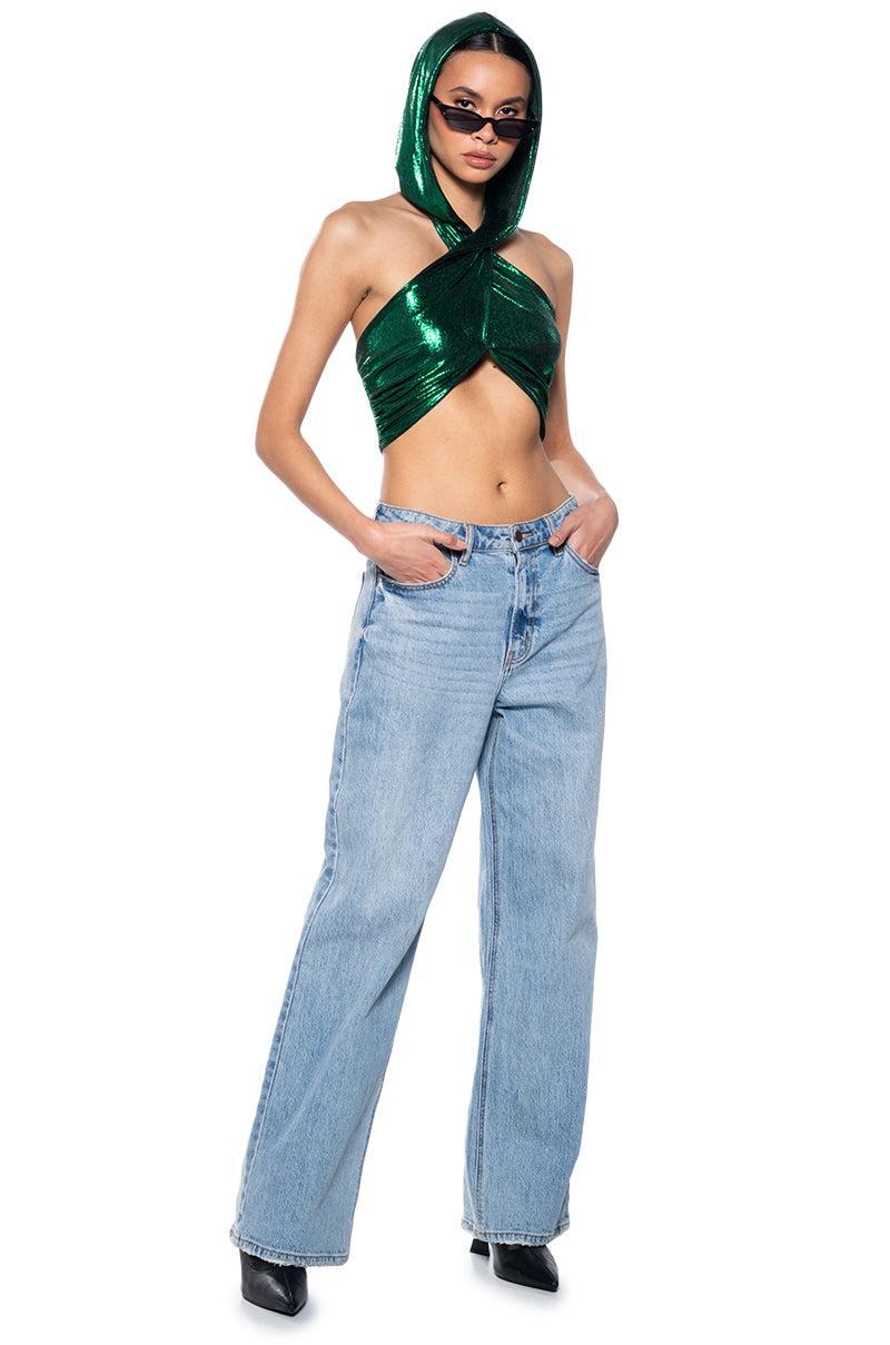 COME THROUGH HOODED METALLIC CROP TOP Product Image