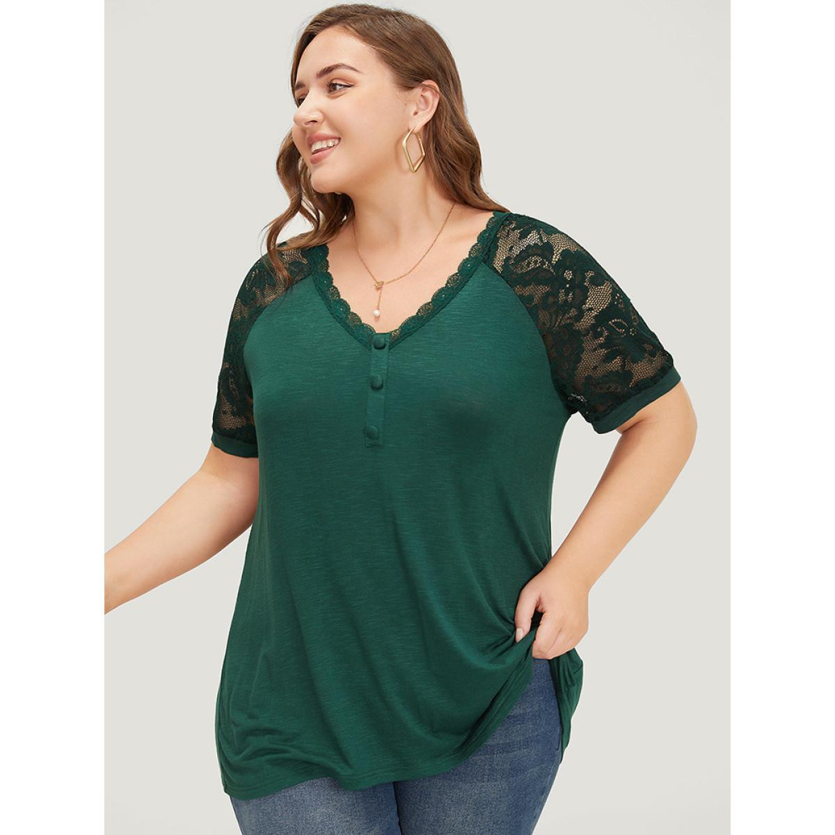 Plus Size Plain Button Detail Lace Heather T-shirt DarkGreen Women Elegant Heather Plain V-neck Dailywear T-shirts BloomChic 10/M Product Image