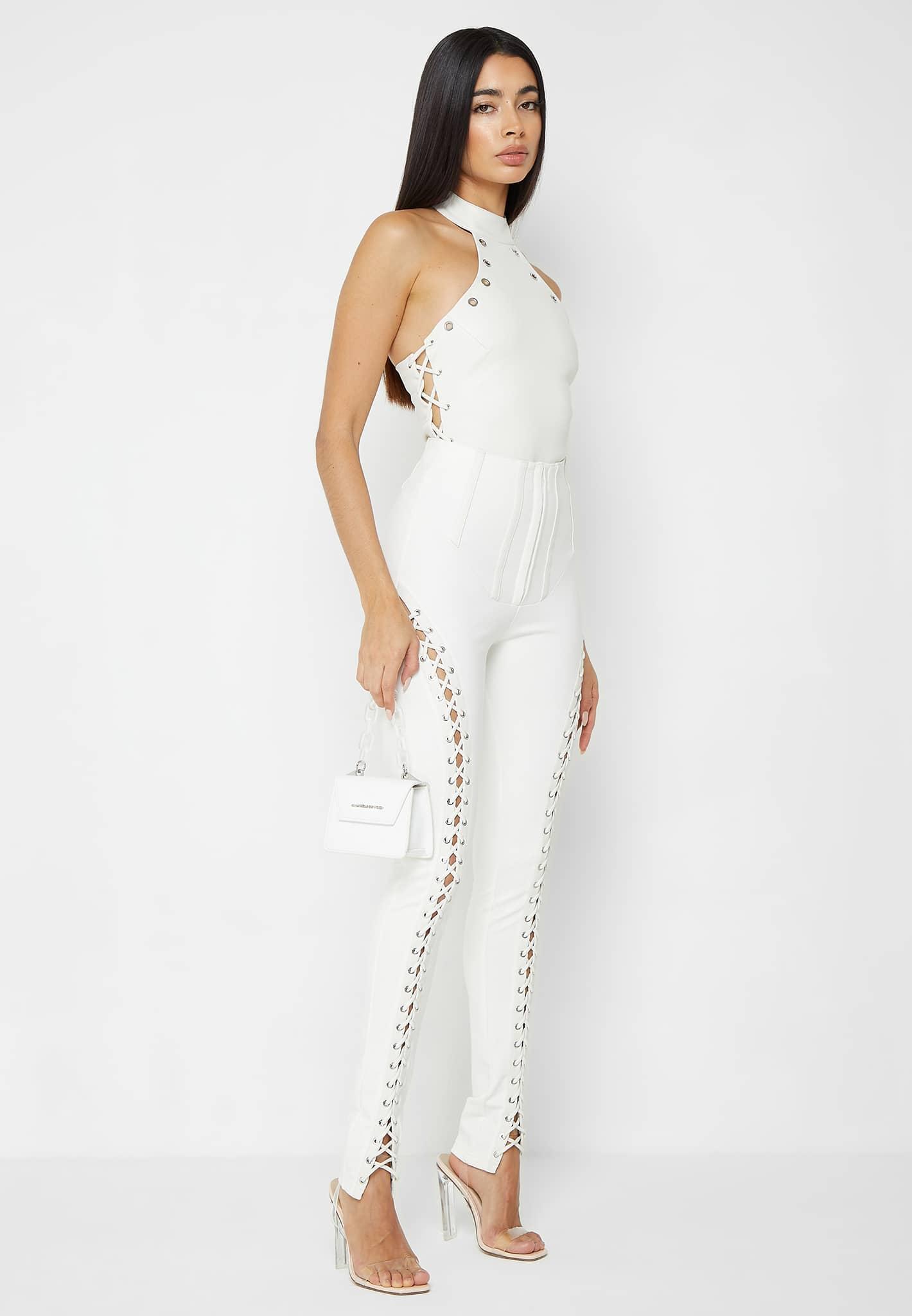 Leather Lace Up Halterneck Bodysuit - White Female Product Image