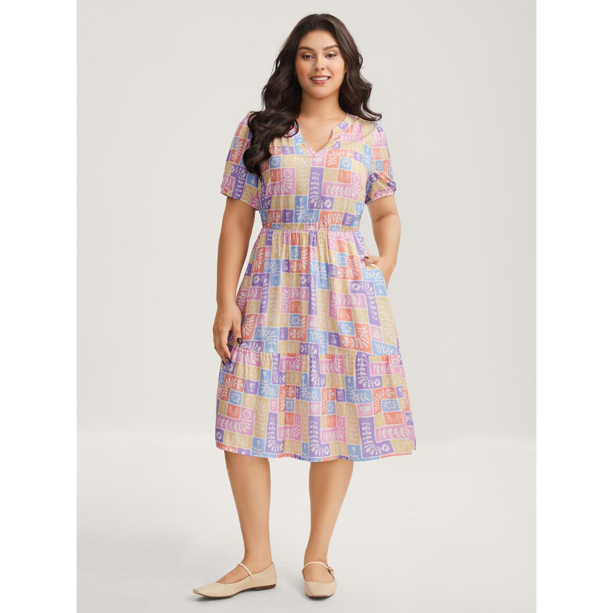 Plus Size Rayon Floral Collage Stretchy Waist Midi Dress Multicolor Women Flat collar with V-notch Short sleeve Curvy BloomChic 10/M Product Image