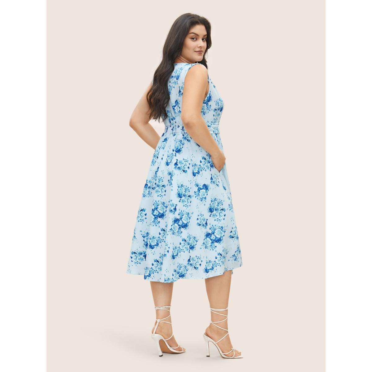 Plus Size Overlap Collar Floral Sleeveless Ruched Dress LightBlue Women Elegant Gathered Overlap Collar Sleeveless Curvy Midi Dress BloomChic 14-16/1X Product Image