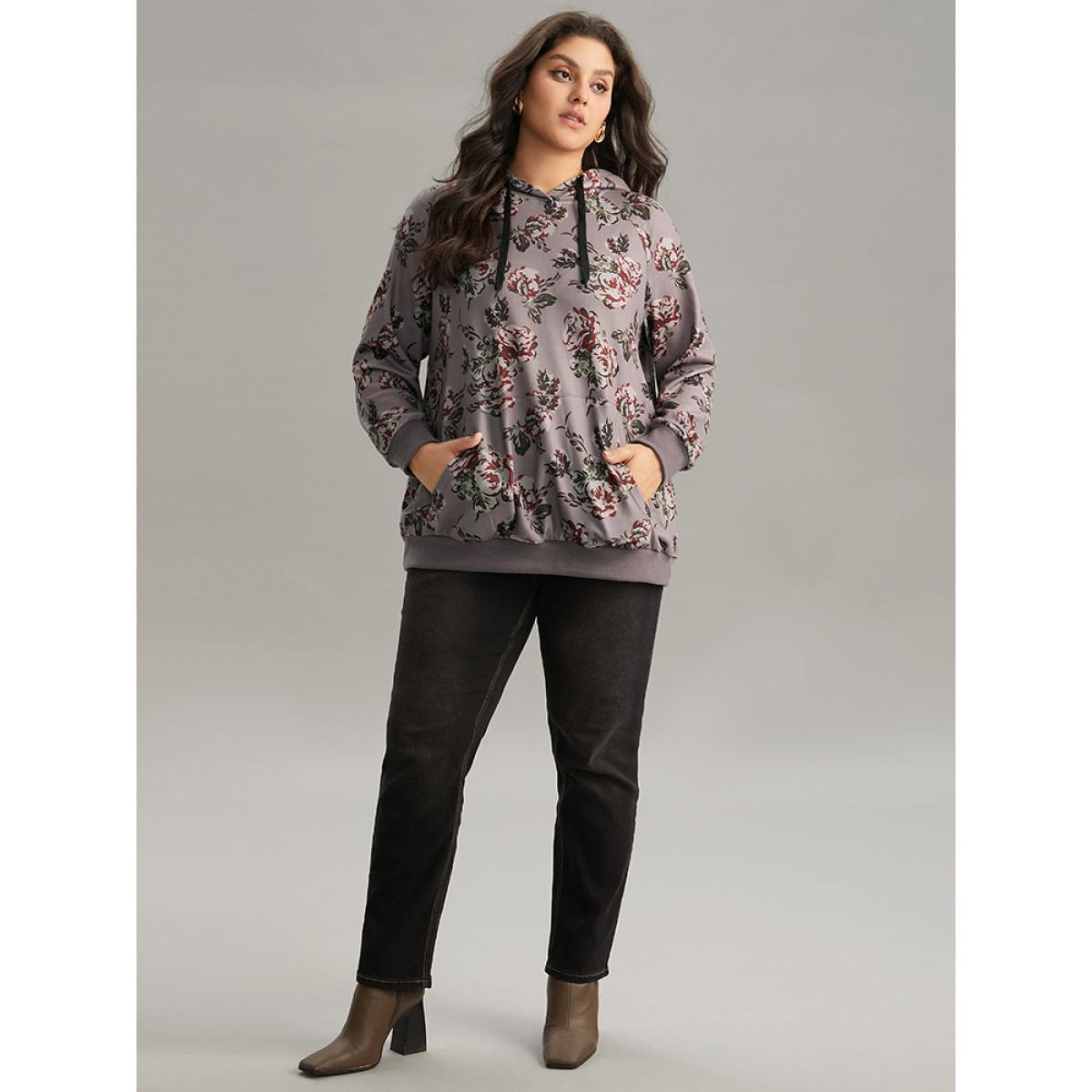 Plus Size Floral Drawstring Hooded Kangaroo Pocket Sweatshirt Women Gray Elegant Printed Hooded Dailywear Sweatshirts BloomChic 26/4X Product Image