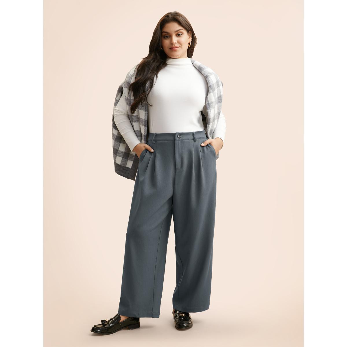 Plus Size Mid Rise Pleated Straight Leg Pants Women SlateGray Workwear Essentials Straight Leg Mid Rise Office Pants BloomChic 14-16/1X Product Image