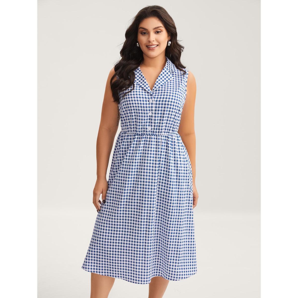 Plus Size Plaid Print Button Pockets Midi Dress Mediumblue Women Suit Collar Sleeveless Curvy BloomChic 18-20/2X Product Image