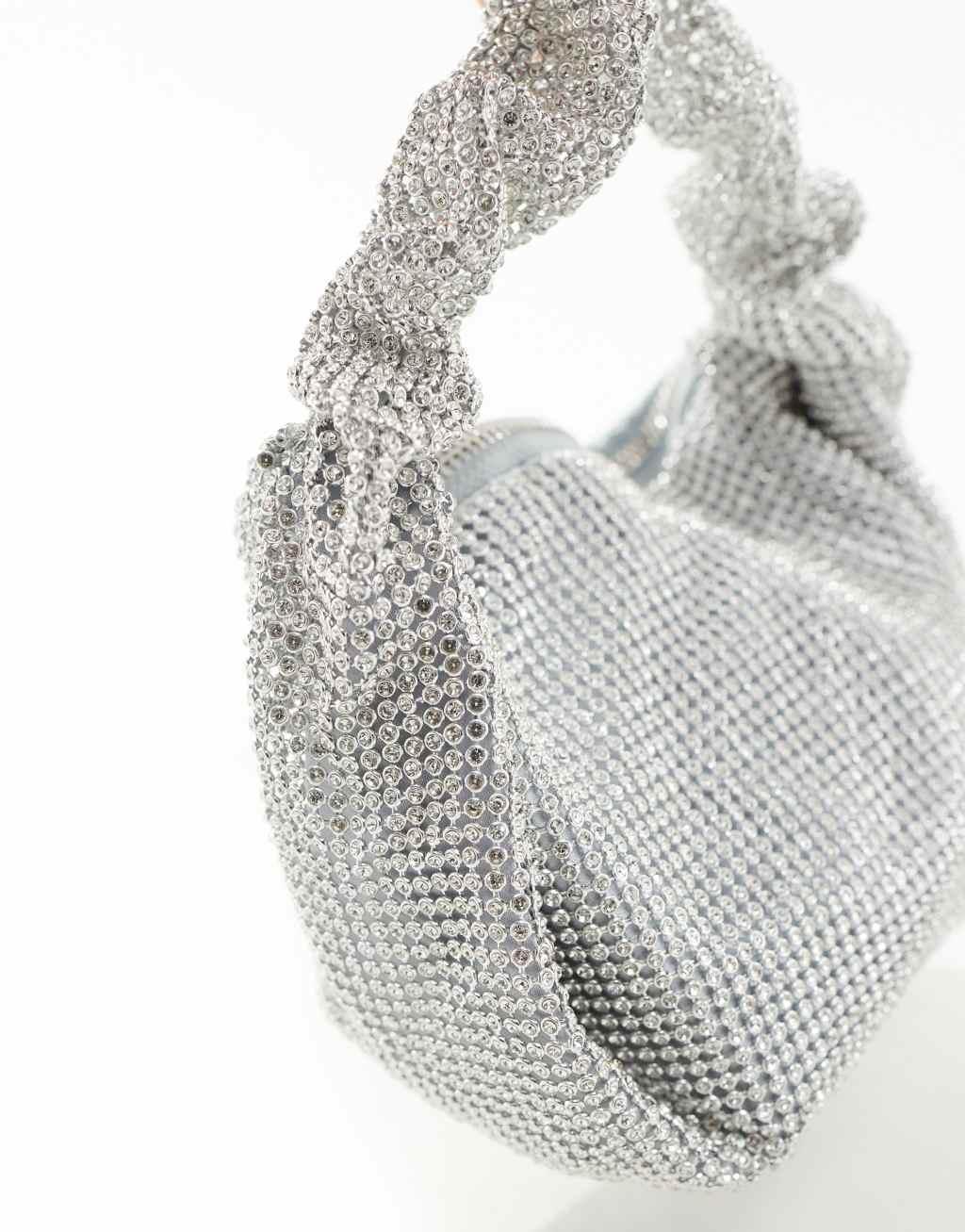 True Decadence crystal shoulder bag with ruched handle in silver Product Image