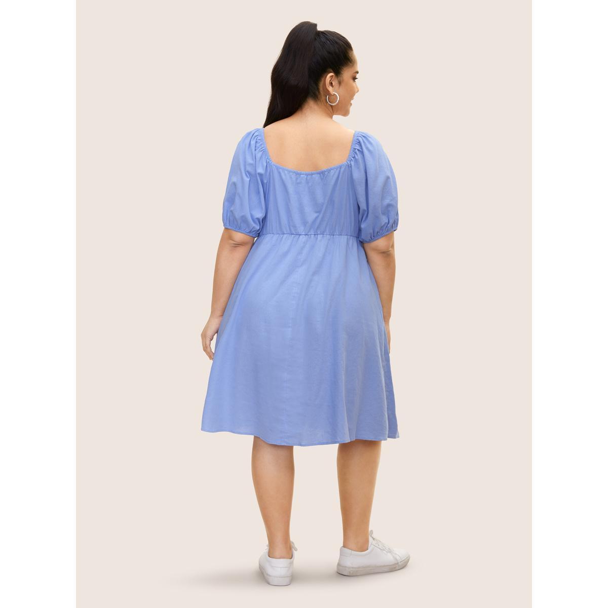 Plus Size Square Neck Plain Pleated Puff Sleeve Dress Stone Women Casual Square Neck Short sleeve Curvy BloomChic 10/M Product Image