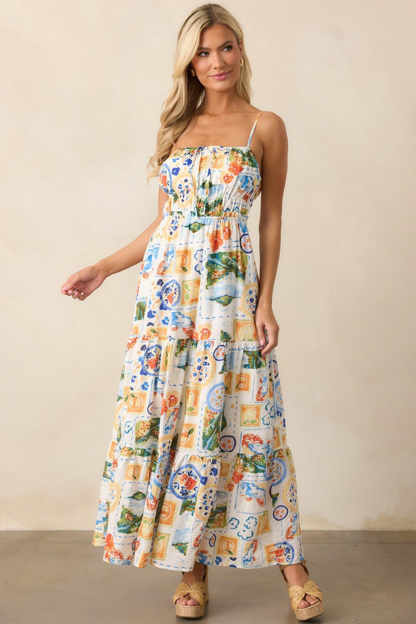 Salt Breeze Blue Multi Watercolor Print Maxi Dress Product Image
