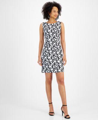 Connected Womens Printed Boat-Neck Sheath Dress - White Product Image