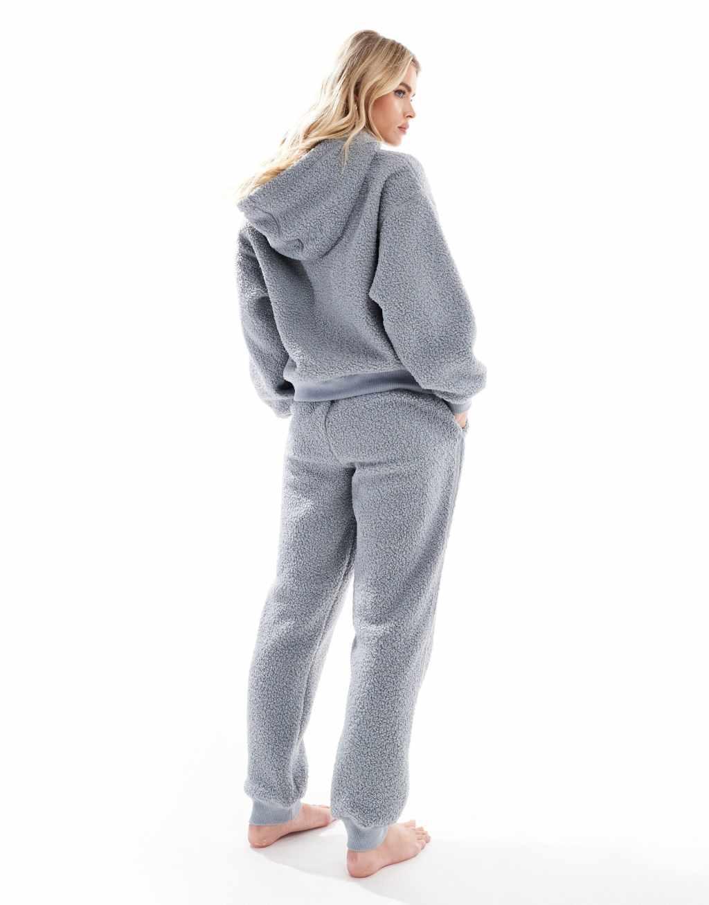 ASOS DESIGN Petite lounge borg oversized hoodie & sweatpants set in blue Product Image