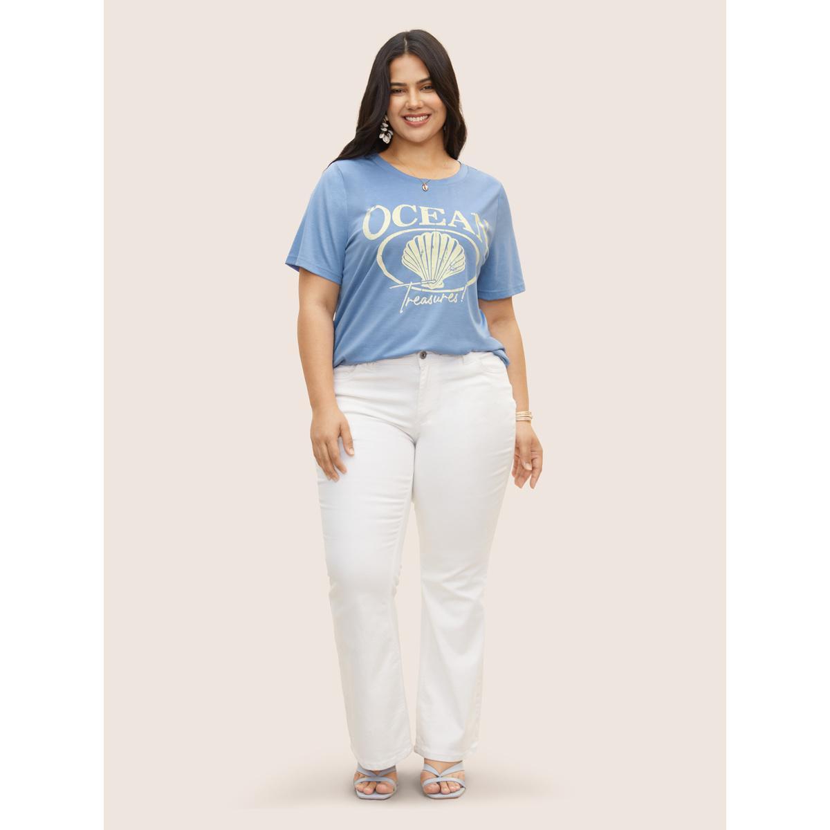 Plus Size Round Neck Sea Shells Print T-shirt Stone Women Resort Contrast Marine Round Neck Vacation T-shirts BloomChic 10/M Product Image