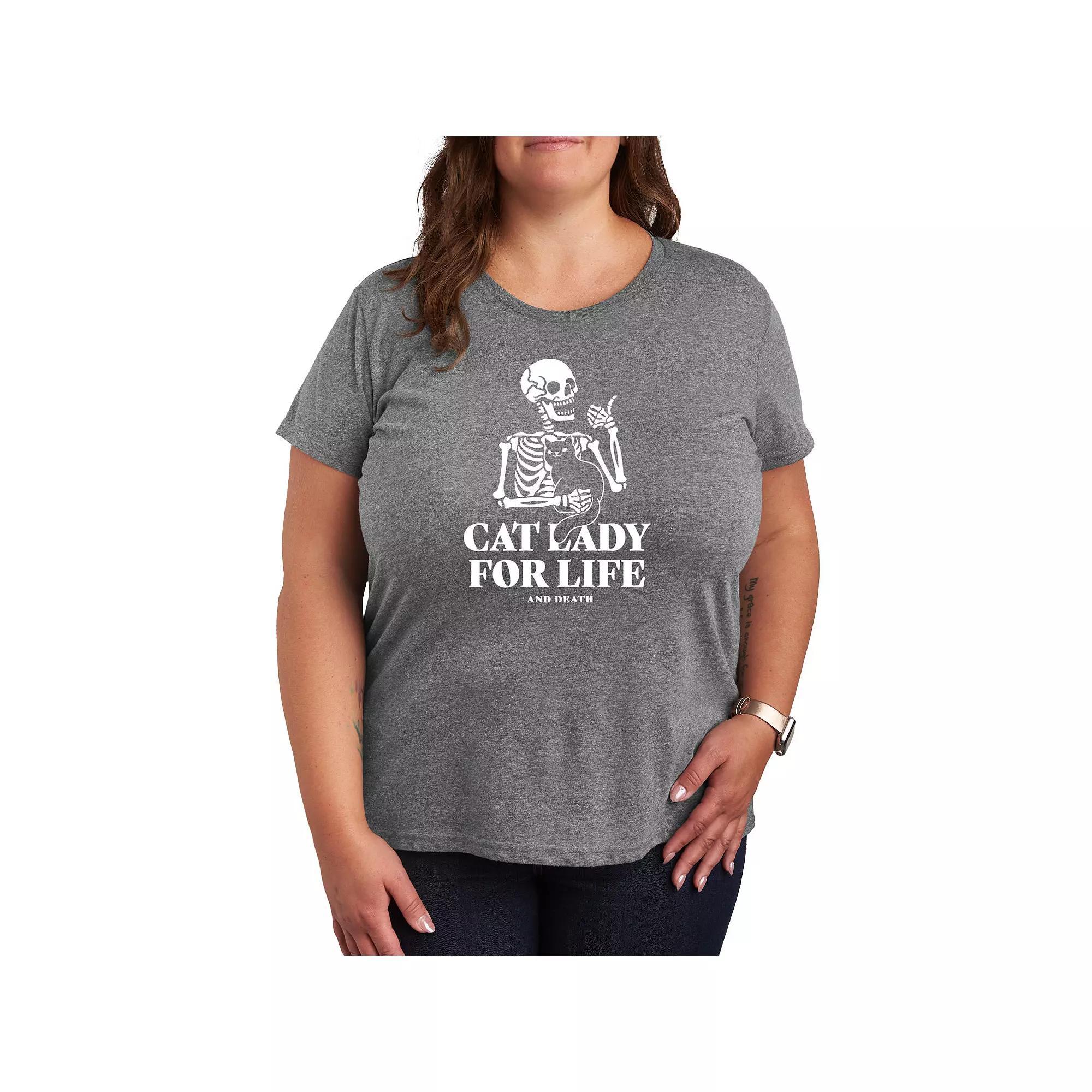 Plus Size Cat Lady For Life Skeleton Graphic Tee, Women's, Size: 4XL, Grey Gray Product Image