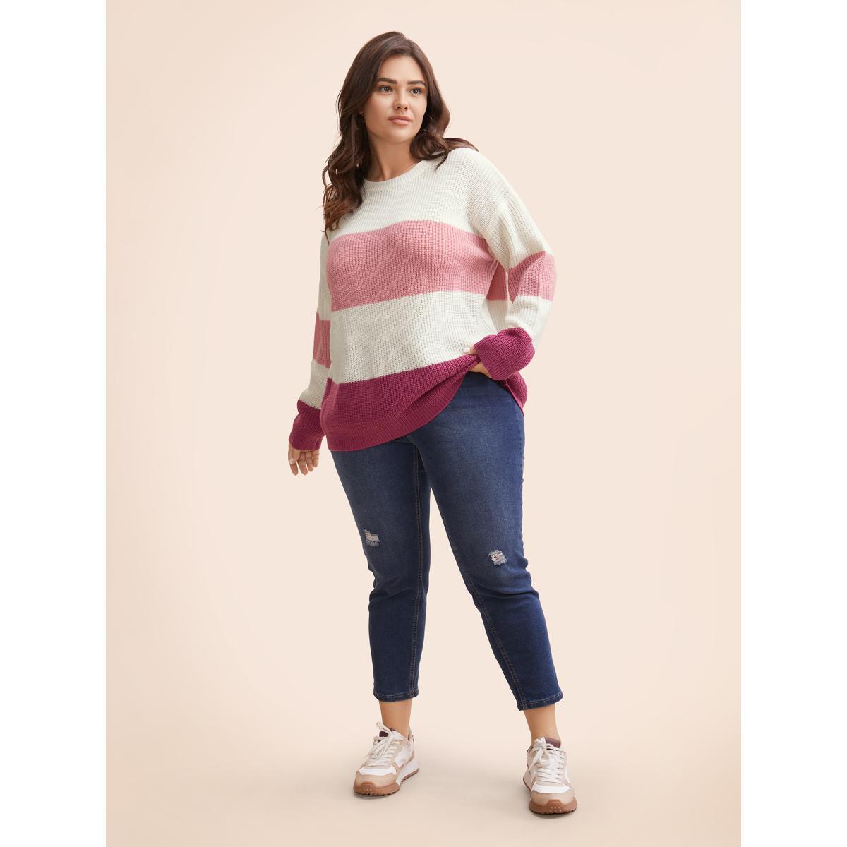 Plus Size Round Neck Colorblock Contrast Pullover RedViolet Women Casual Long Sleeve Round Neck Everyday Pullovers BloomChic 10/M Product Image