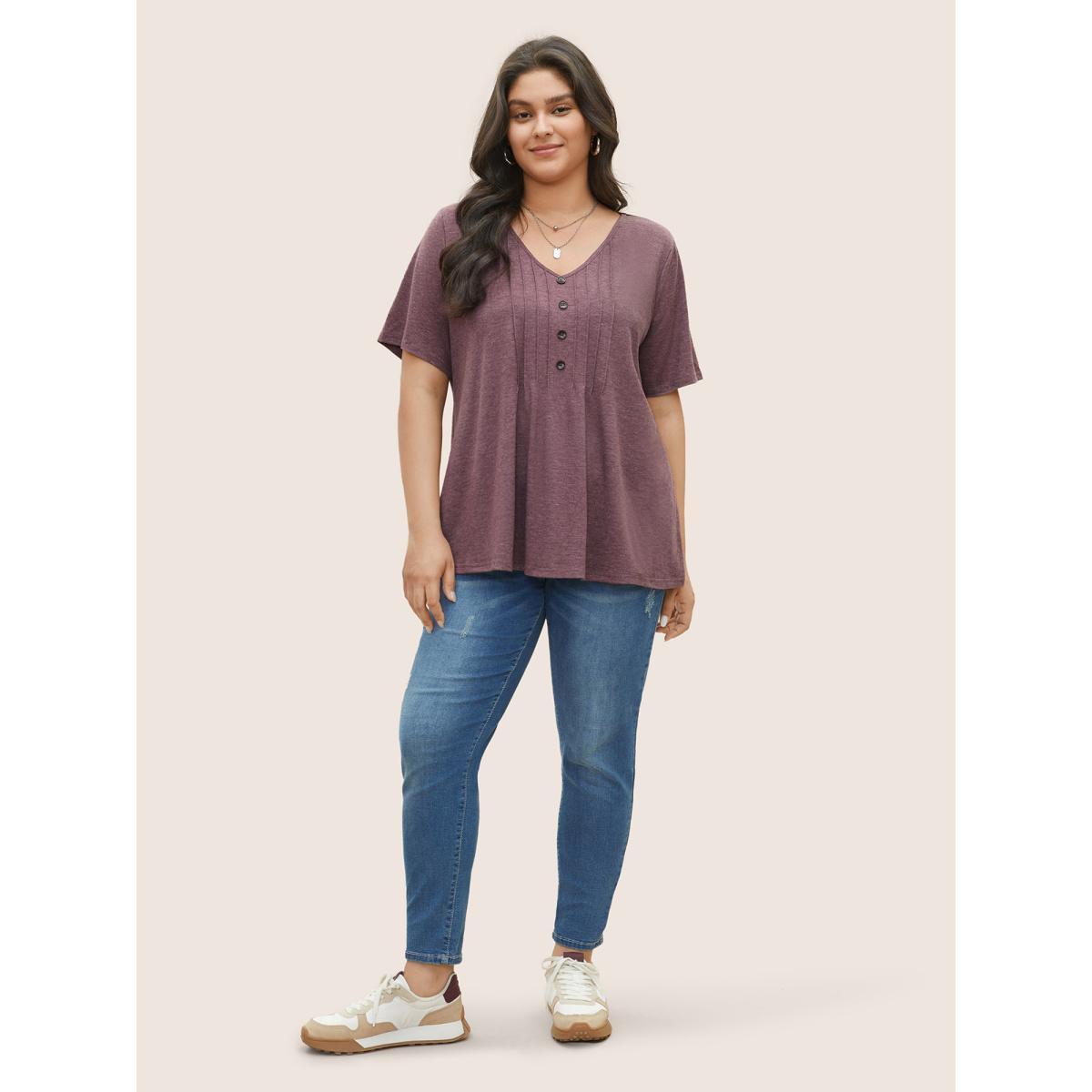 Plus Size Solid Pleated Front Button Detail V Neck T-shirt Mauve Women Casual Button Plain Everyday T-shirts BloomChic 10/M Product Image