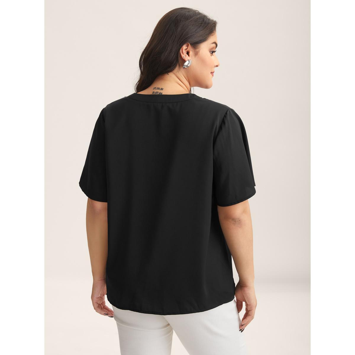 Plus Size Black Lace Trim Notched Collar Solid Blouse Women Short sleeve Notched collar Office Blouses BloomChic 12/L Product Image