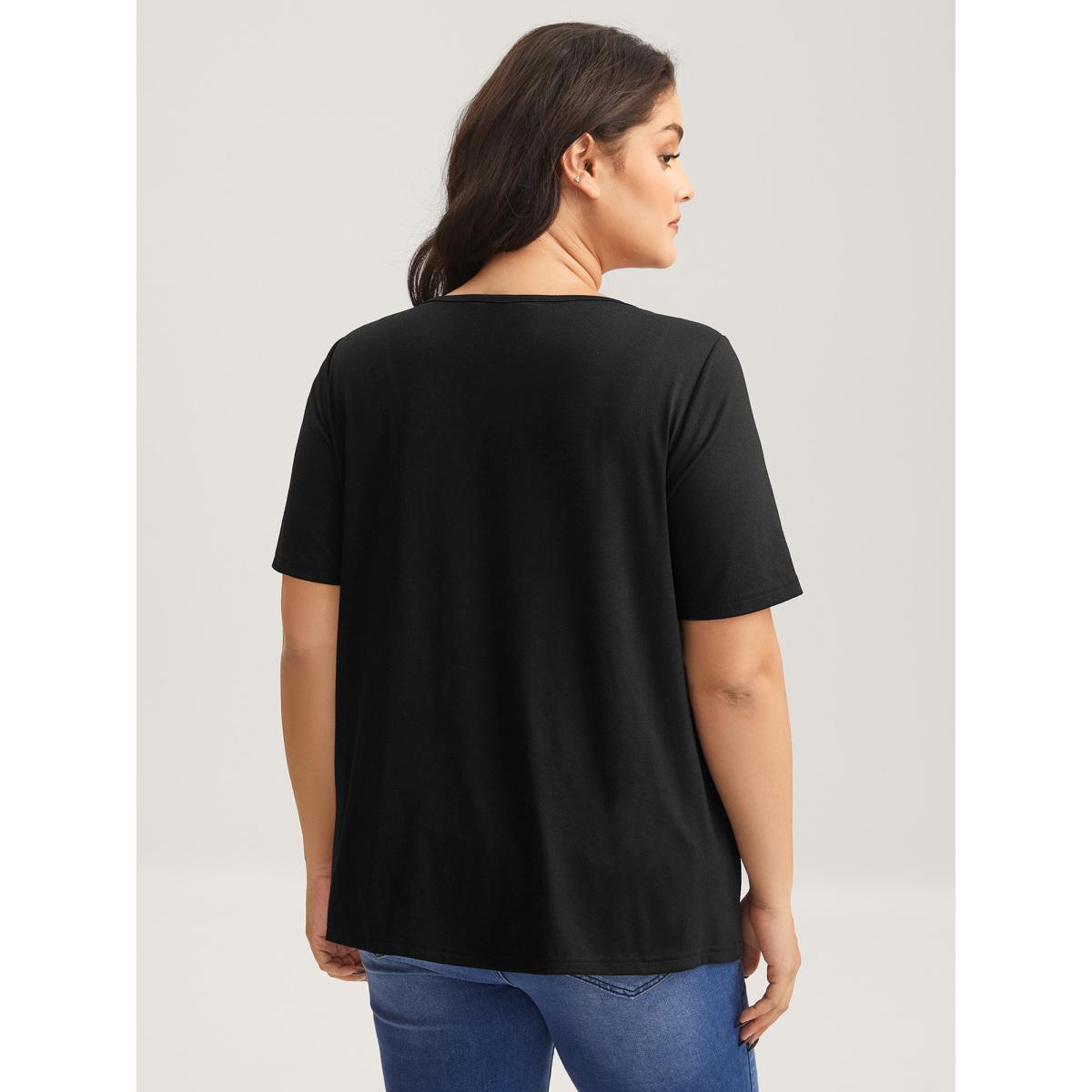 Plus Size Neck Cut-Out Round Neck T-Shirt Black Women Leisure Cut-Out Asymmetrical Neck Casual T-shirts BloomChic 26/4X Product Image