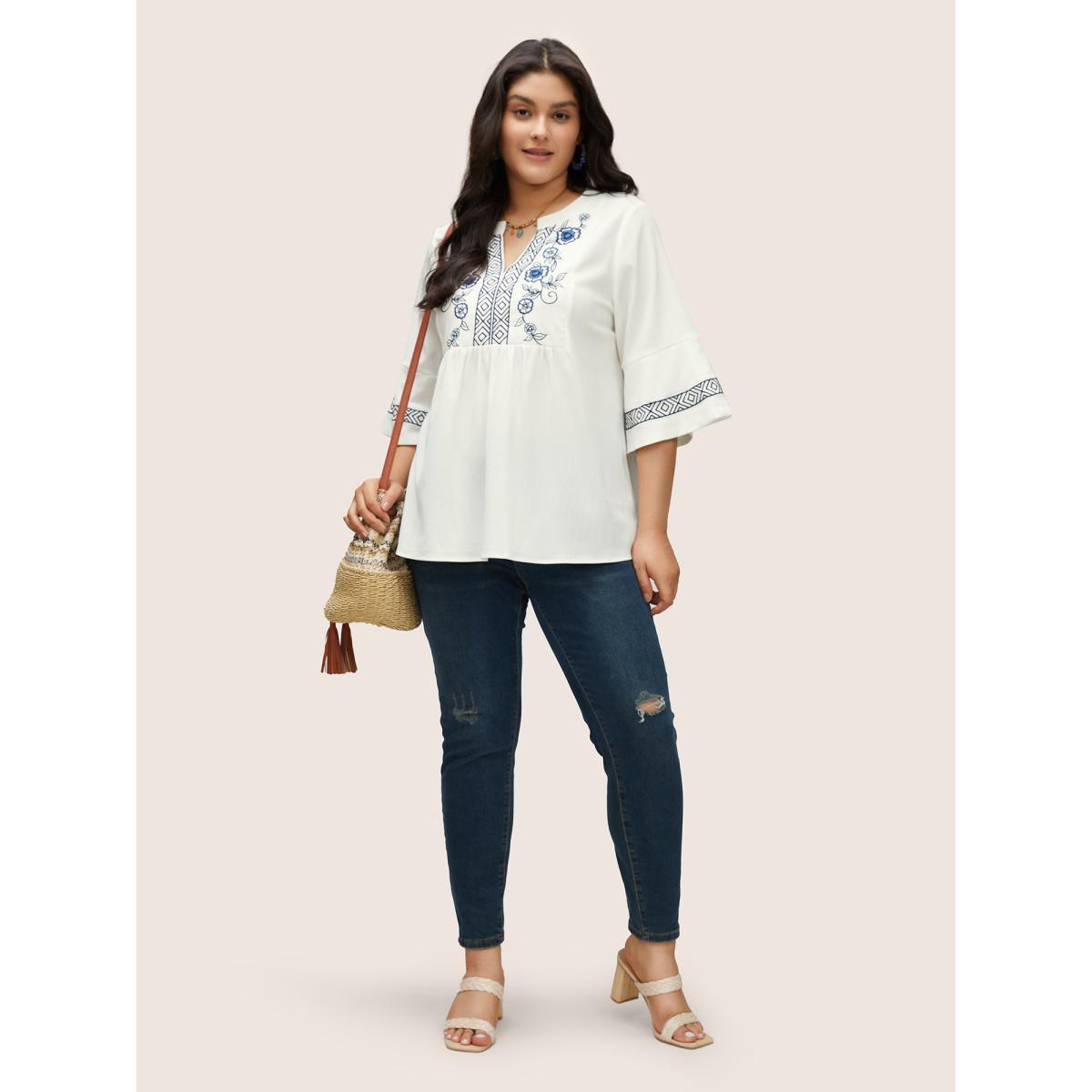 Plus Size Ivory Boho Print Embroidered Gathered Notched Blouse Women Resort Half Sleeve Flat collar with V-notch Vacation Blouses BloomChic 26/4X Product Image