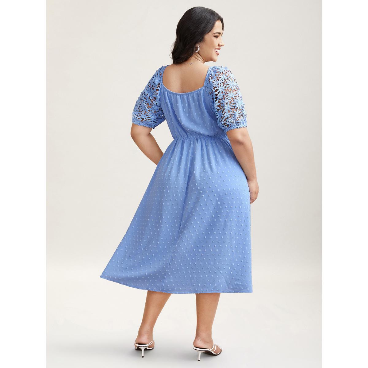 Plus Size Textured Lace Sleeve Stretchy Waist Midi Dress Skyblue Women Timeless Woven ribbon&lace trim Square Neck Short sleeve Curvy BloomChic 18-20/2X Product Image