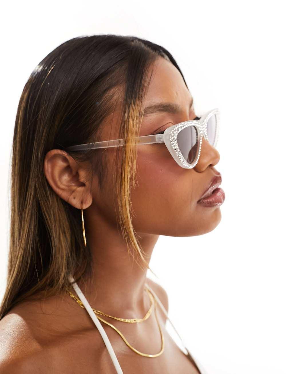 South Beach embellished cat eye sunglasses in white  Product Image