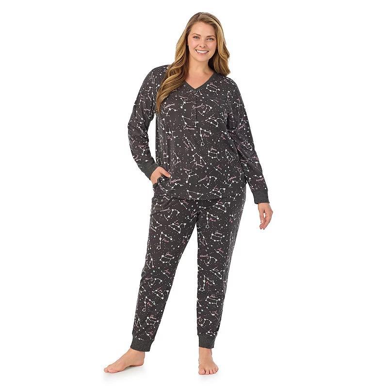 Plus Size Cuddl Duds Cozy Long Sleeve Henley Pajama Top & Pajama Bottoms Set, Womens Cream Brown Product Image