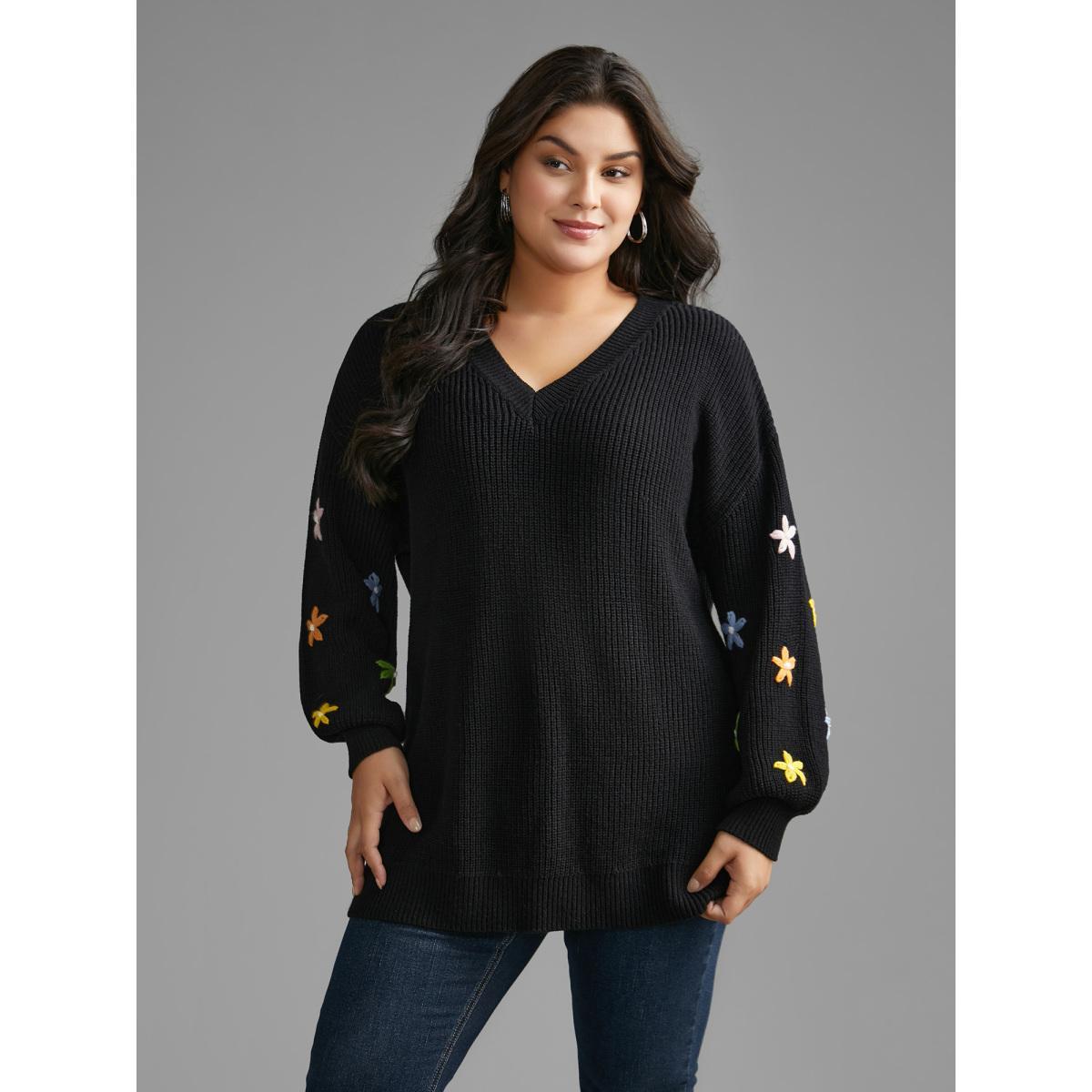 Plus Size V Neck Crochet Floral Drop Shoulder Pullover Black Women Casual Loose Long Sleeve V-neck Everyday Pullovers BloomChic 10/M Product Image