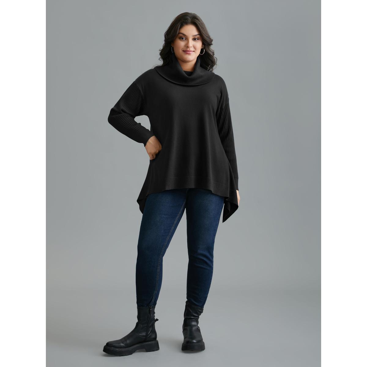 Plus Size Supersoft Essentials Textured Drop Shoulder Turtleneck Pullover Black Women Casual Loose Long Sleeve Turtleneck Everyday Pullovers BloomChic 12/L Product Image