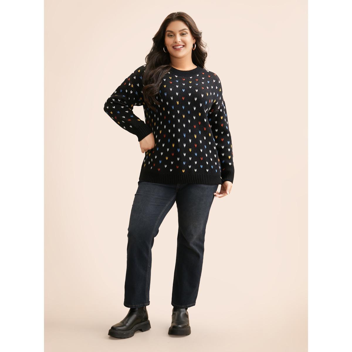 Plus Size Polka Dot Texture Split Hem Pullover Black Women Casual Long Sleeve Round Neck Everyday Pullovers BloomChic 12/L Product Image