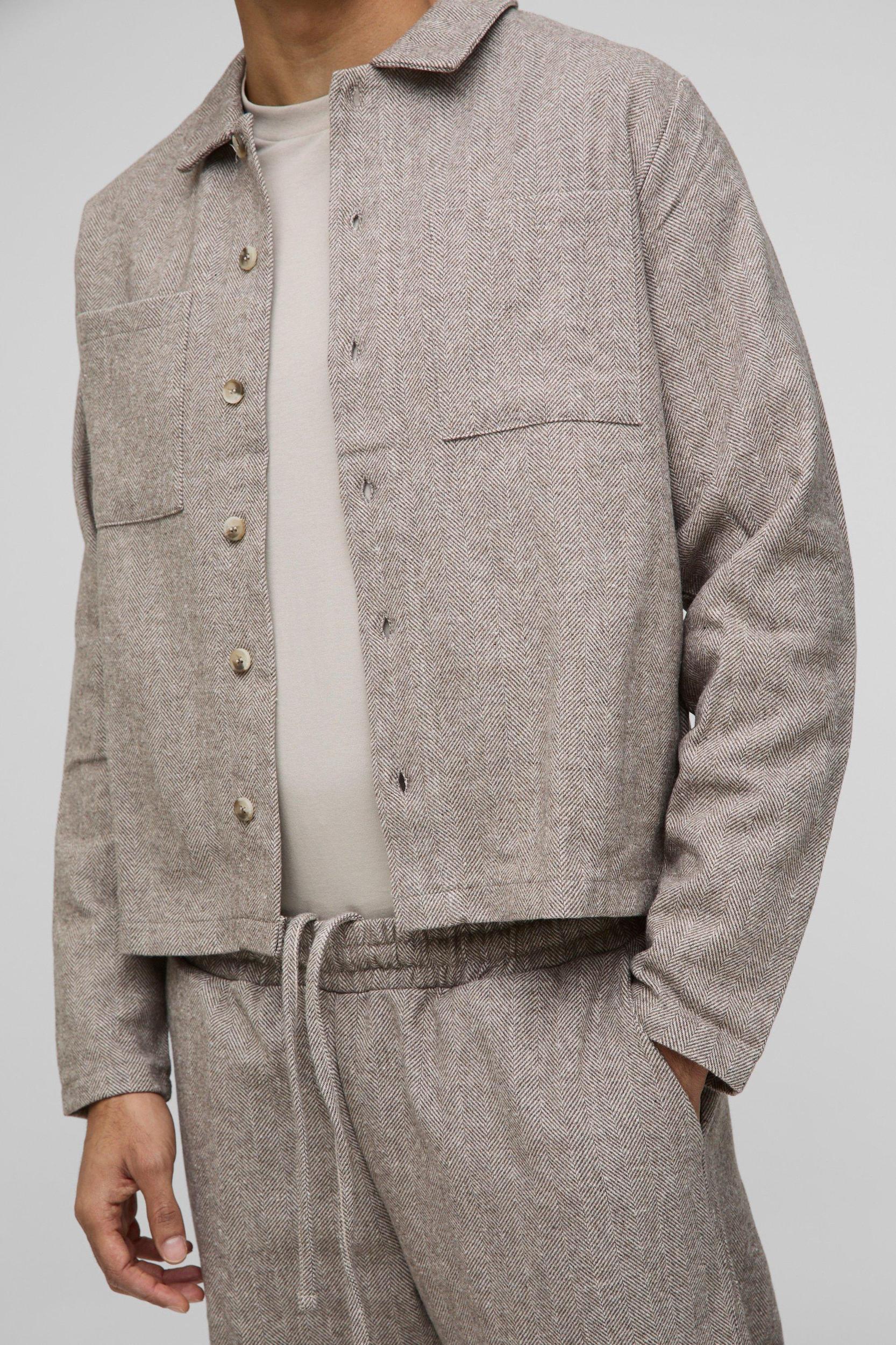 Oversized Boxy Fit Herringbone Cargo Pocket Harrington | boohooMAN USA Product Image